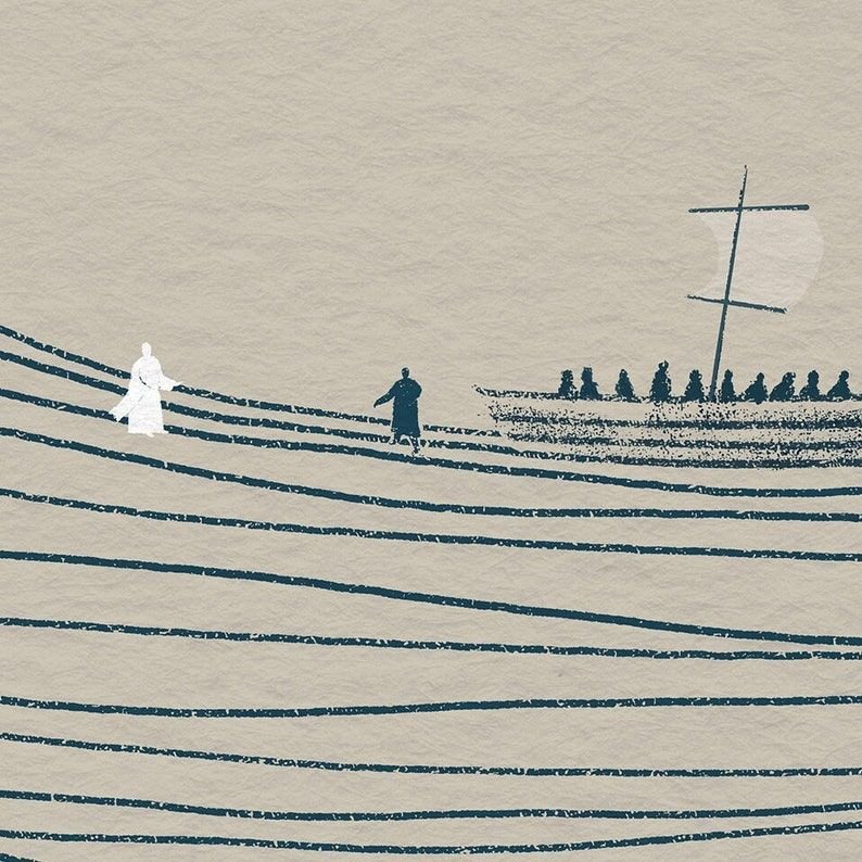 Picture art of Jesus walking on water with Peter and his Disciples watching from the boat